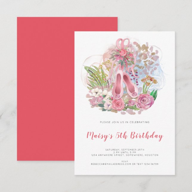 Elegant Ballet Shoes Pink Girl 5th Birthday Party Invitation (Front/Back)