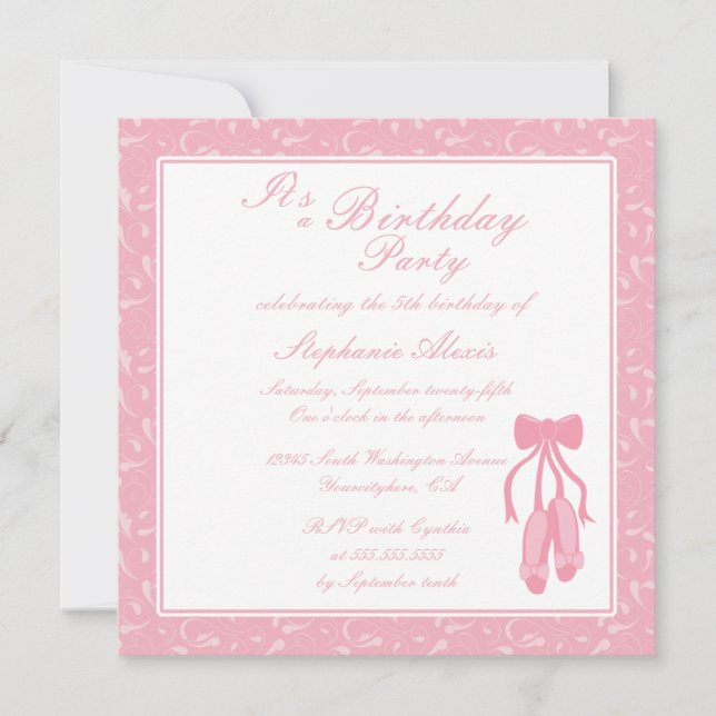 Elegant ballet slippers birthday party invitation (Front)