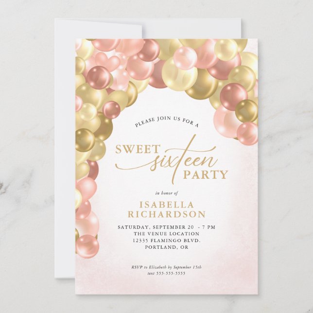 Elegant Balloon Arch Pink and Gold Sweet 16 Party Invitation (Front)