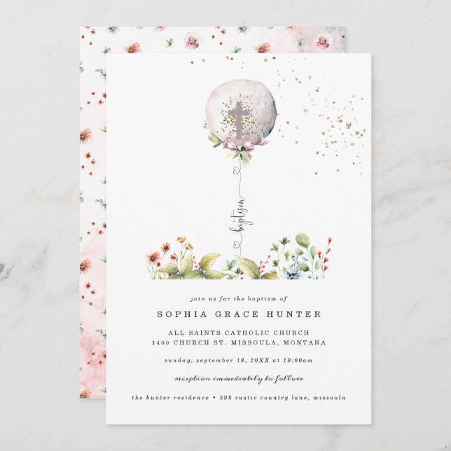 Elegant Balloon Floral Baptism Invitation (Front/Back)
