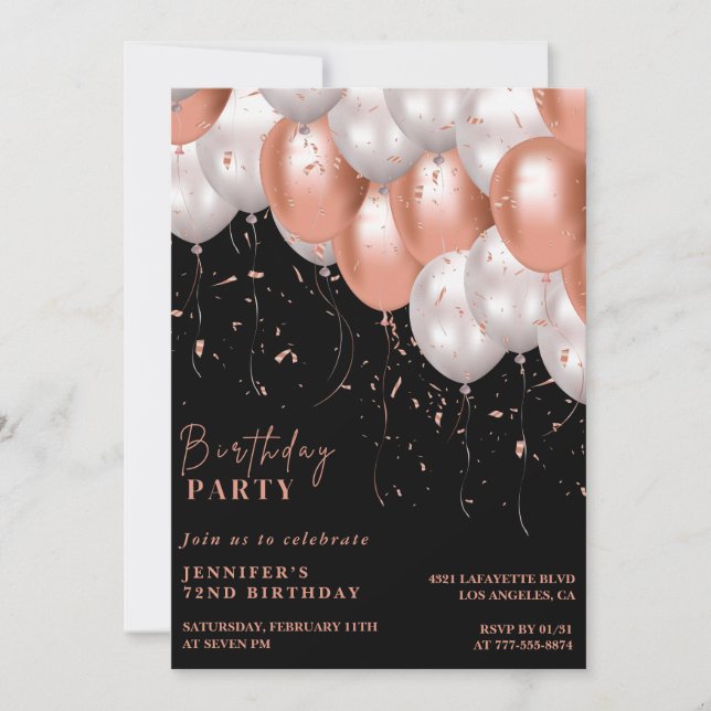 Elegant Balloons 72nd birthday Invitation (Front)
