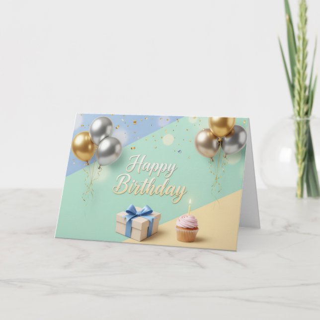 Elegant Balloons & Cupcake – Modern Happy Birthday Thank You Card (Front)