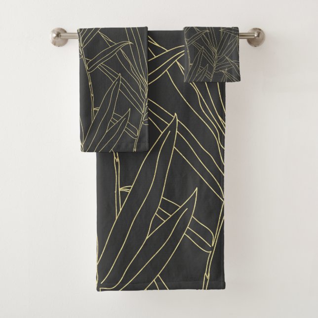 Elegant bamboo foliage gold strokes design bath towel set (Insitu)