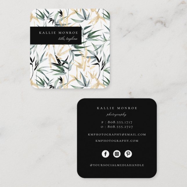 Elegant Bamboo Foliage Square Business Card (Front/Back)