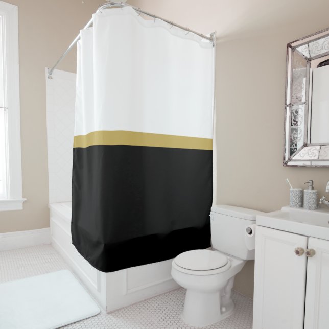 Elegant Banded Bright White Black Colour Block Shower Curtain (In Situ)