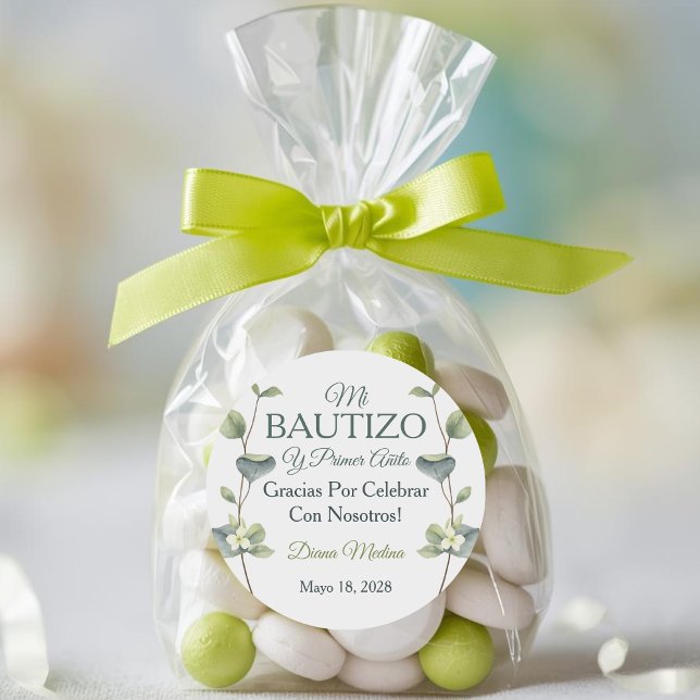 Elegant Baptism and First Birthday Green Leaves Classic Round Sticker (Creator Uploaded)