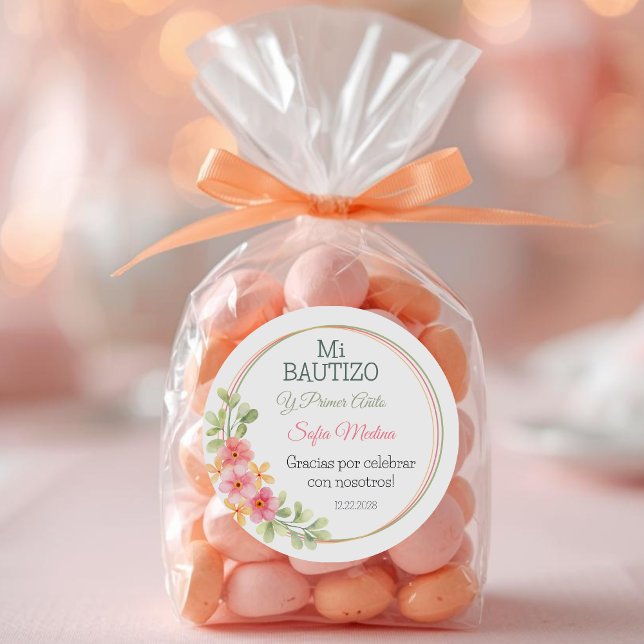 Elegant Baptism and First Birthday Pink Flowers Classic Round Sticker (Creator Uploaded)