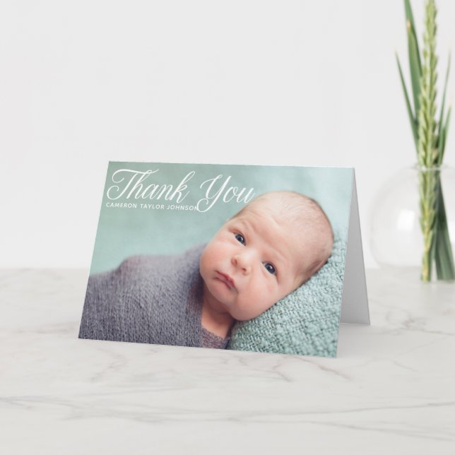 Elegant Baptism Baby Photo White Script Overlay Thank You Card (Front)