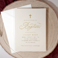 Elegant Baptism Beige Champagne Script Cross