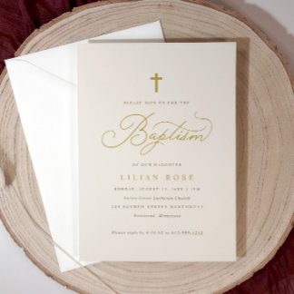 Elegant Baptism Beige Champagne Script Cross Invitation