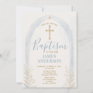 Elegant Baptism Blue Gold Cross Floral Arch Boho Invitation