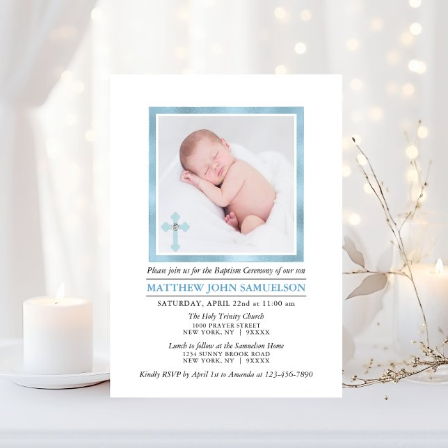Elegant BAPTISM CHRISTENING Blue Boy | PHOTO Invitation (Elegant BAPTISM CHRISTENING Blue Boy  PHOTO Invitation)