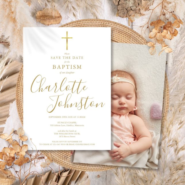 Elegant Baptism Christening Gold Signature Photo Save The Date (Elegant Baptism Christening Gold Signature Photo Save The Date)