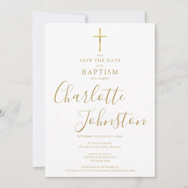 Elegant Baptism Christening Gold Signature Save The Date (Front)
