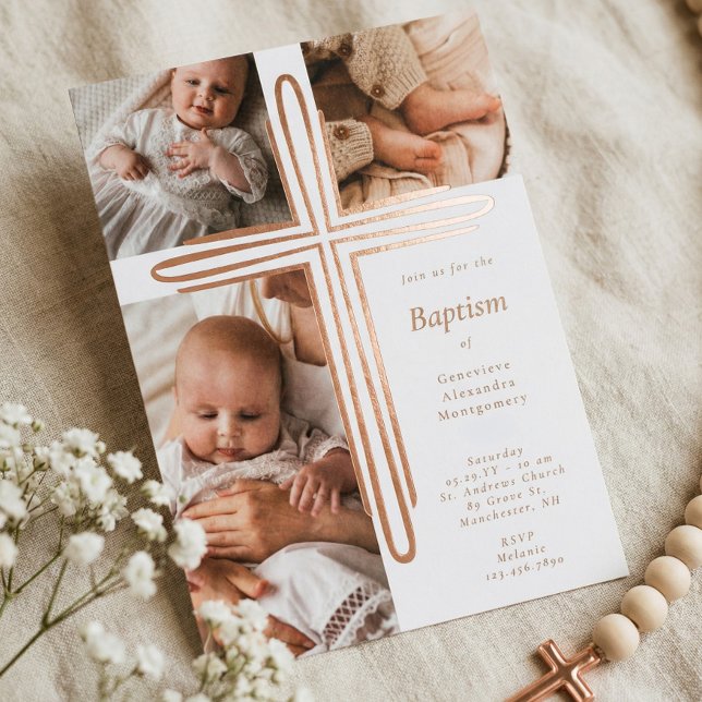 Elegant Baptism Christening Religious Photo Cross (Elegant Baptism Christening Religious Photo Cross Foil Invitation)