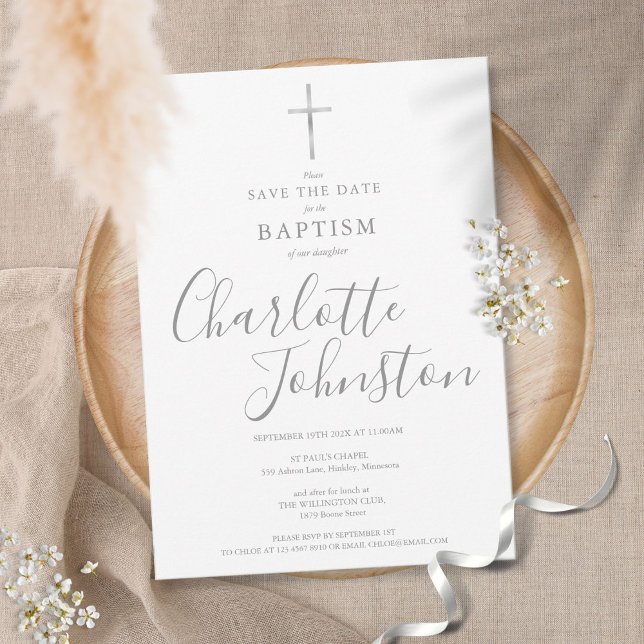 Elegant Baptism Christening Silver Signature Save The Date (Creator Uploaded)