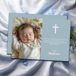 Elegant Baptism Christening White Cross Dusty Blue Thank You Card