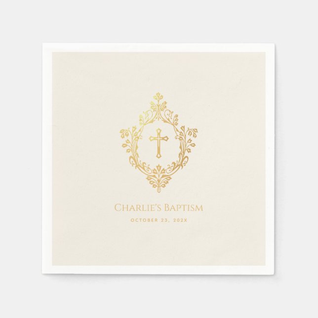 Elegant Baptism Faux Gold Cross in Crest Ivory Napkin (Front)