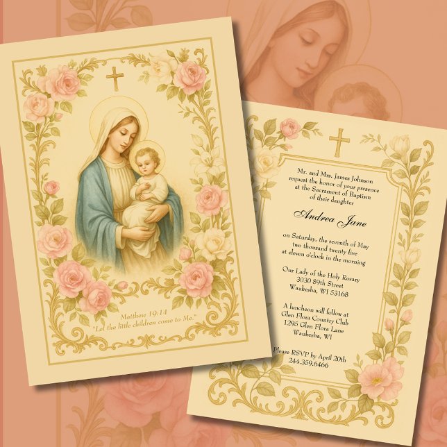 Elegant Baptism Floral Mother Mary Traditional  Invitation (Creator Uploaded)