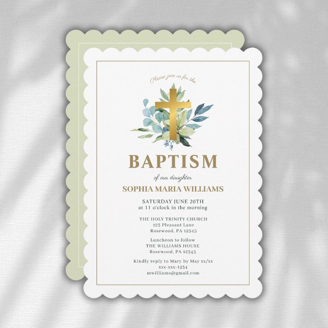Elegant Baptism Gold Cross Watercolor Sage Invitation (Creator Uploaded)