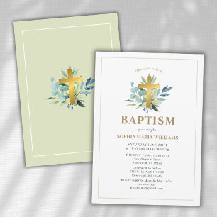Elegant Baptism Gold Cross Watercolor Sage Invitation