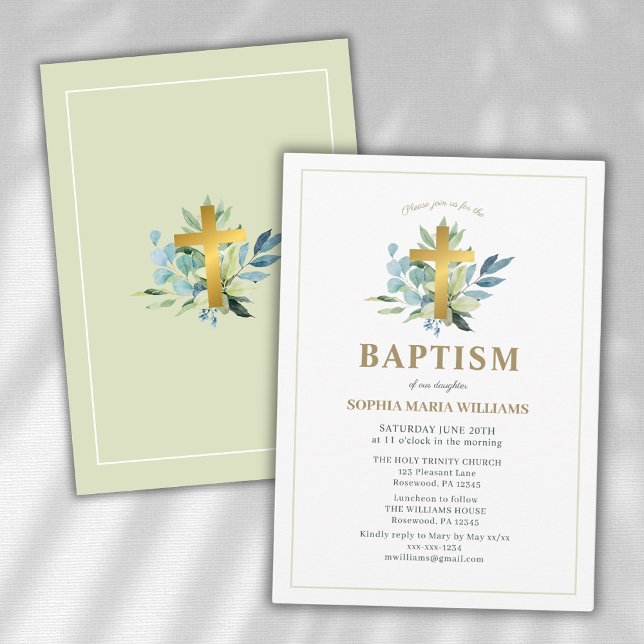 Elegant Baptism Gold Cross Watercolor Sage Invitation (Creator Uploaded)