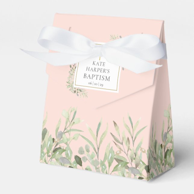 Elegant Baptism Greenery Foliage Blush Pink Favour Box (Front Side)