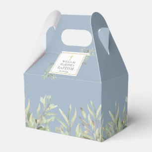 Elegant Baptism Greenery Leaves Dusty Blue Favour Box