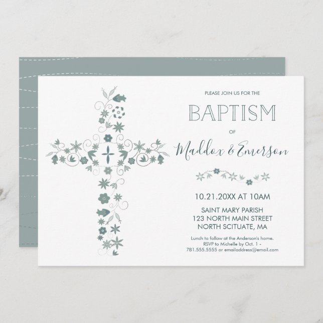 Elegant Baptism Invitation - Floral Cross (Front/Back)