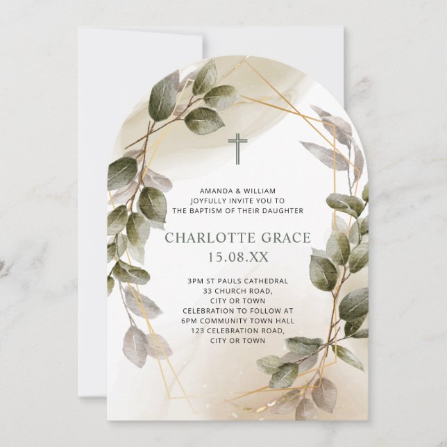 Elegant Baptism Invitation Green & Gold Botanical  (Front)