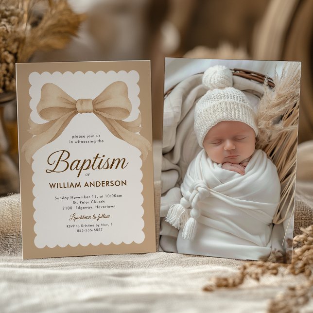 Elegant Baptism Invitation with Beige Bow and Cros (Baptism invitation with beige bow and knit cap, soft neutral tones for a serene look.)