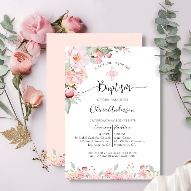 Elegant Baptism Mint and Peach Floral Invitation (Creator Uploaded)