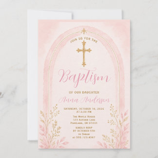 Elegant Baptism Pink Gold Cross Floral Arch Boho Invitation