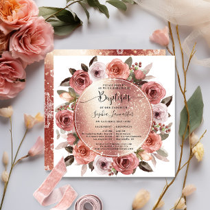 Elegant Baptism Rose Gold Floral Invitation
