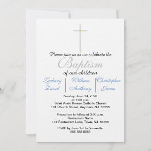 Elegant Baptism Silver Cross Blue Triplets  Invitation
