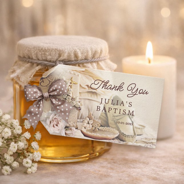 Elegant Baptism Thank You Favour Tag (Gift tag featuring a romantic baptism or christening scene in lovely pastel colors with roses)
