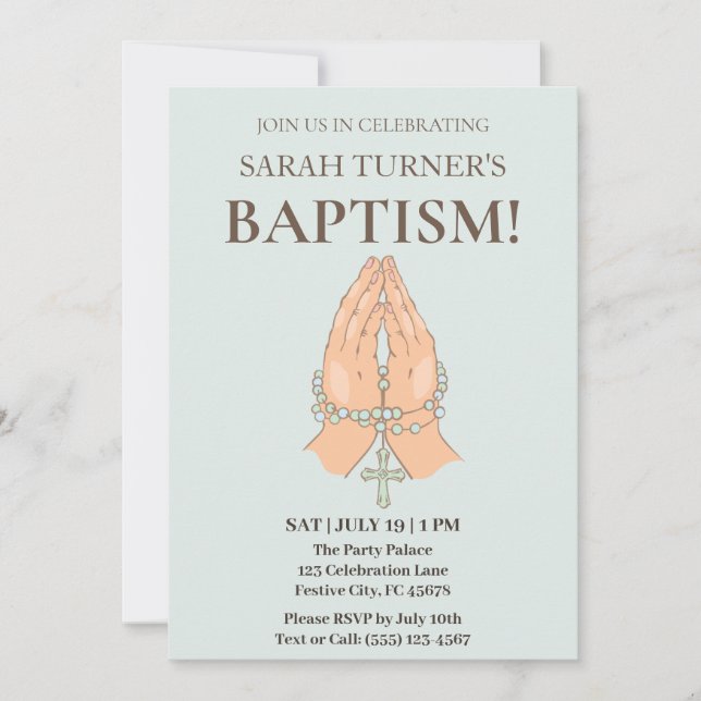 Elegant Baptism with Praying Hands Prayer Beads Invitation (Front)