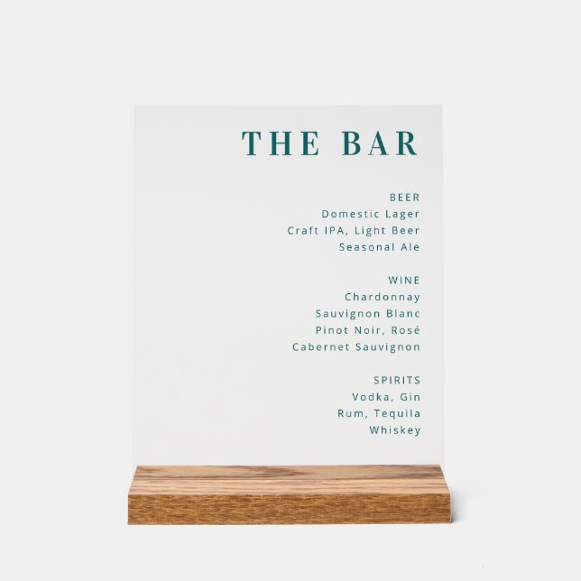 Elegant Bar Menu Design Acrylic Sign (Front)