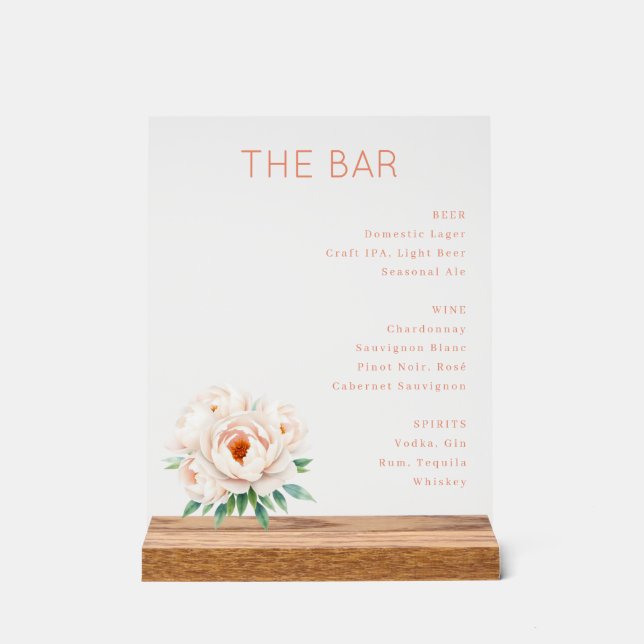 Elegant Bar Menu with Floral Design Acrylic Sign (Front)