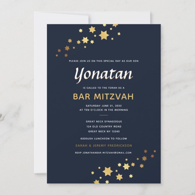Elegant Bar Mitzvah Navy Gold Invitation (Back)