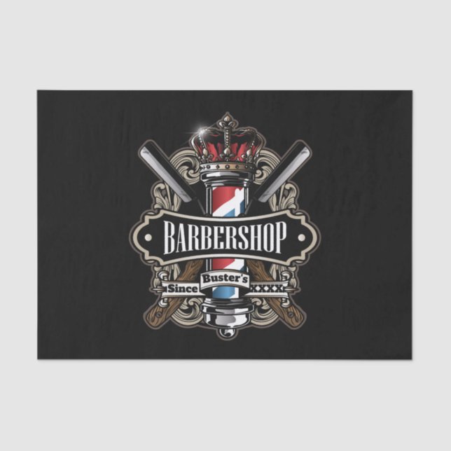 Elegant Barber Pole and Crown Logo Personalise Tissue Paper (Front)