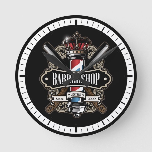 Elegant Barber Pole and Crown Logo Personalize Round Clock (Front)