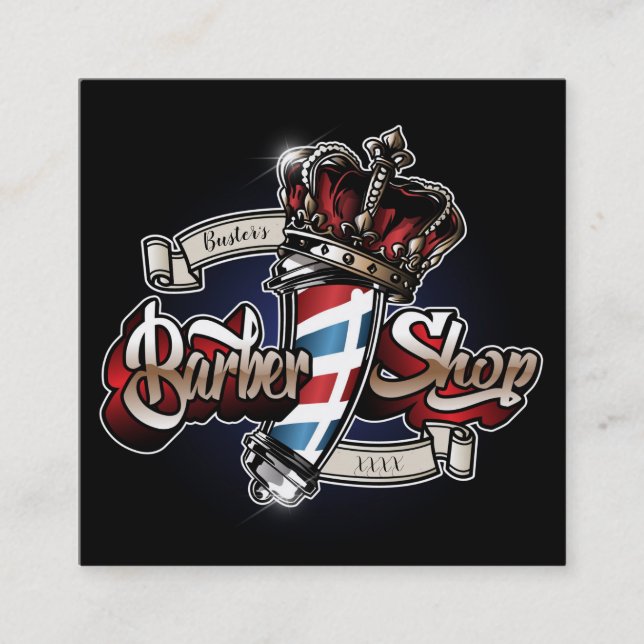 Elegant Barber Pole and Crown Square Personalise Square Business Card (Front)