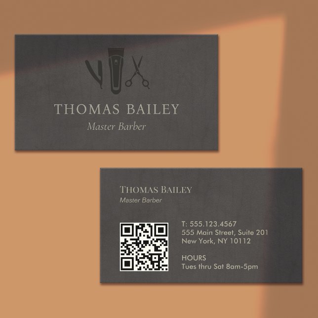 Elegant Barber Shop, Hair Stylist QR Code Business Card (Creator Uploaded)