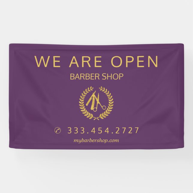 Elegant barber shop men hair salon purple gold banner (Horizontal)