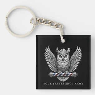 Elegant Barber Shop Silver Owl Logo Branding Key Ring