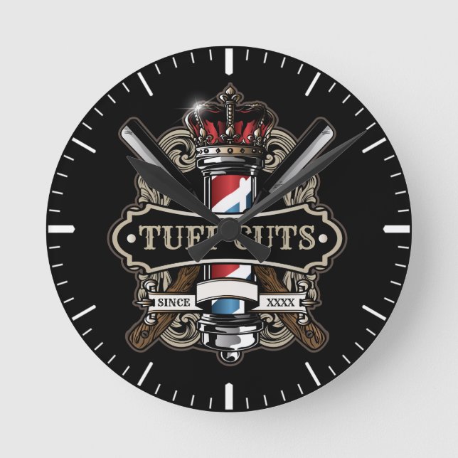 Elegant Barbershop Logo Personalize 2 Round Clock (Front)