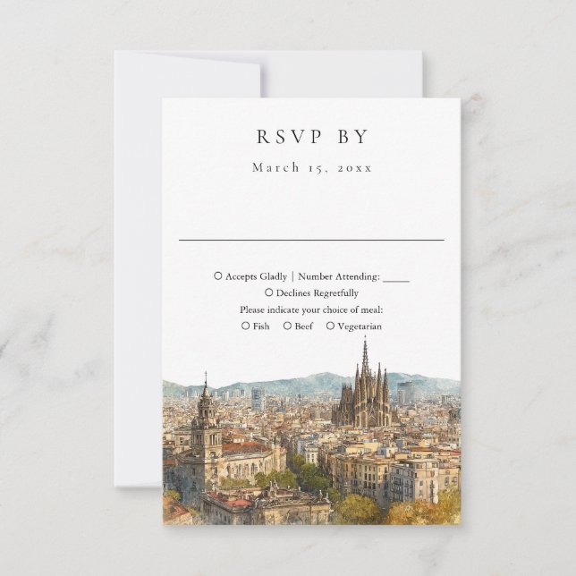 Elegant Barcelona Skyline Watercolor Wedding RSVP Card (Front)