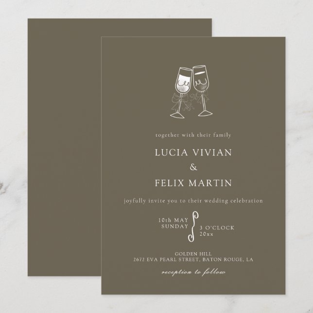 Elegant Bark Brown Champagne Wedding Invitation (Front/Back)