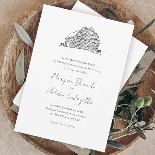 Elegant Barn Black and White Rustic Wedding Invitation